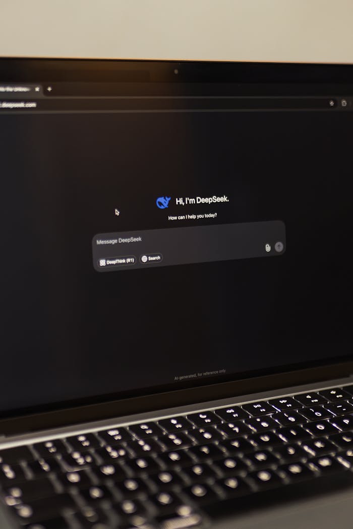 Image of a laptop showing an interactive AI interface with DeepSeek application.